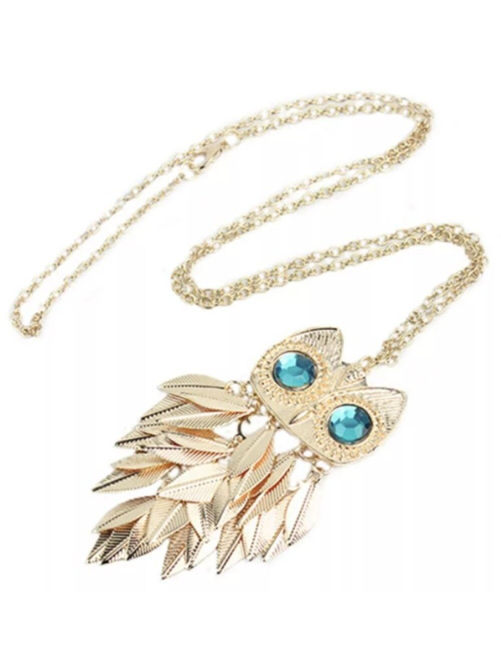 Gold Wise Owl Bird Blue Crystal Long Drop Statement Necklace